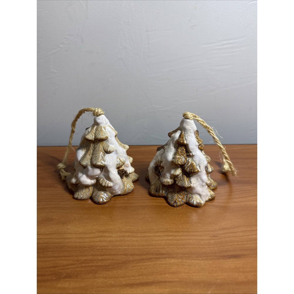 Set of 2 Handmade Pottery Ornament Bells Christmas Tree w/Snow Holiday Rustic